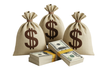 Money bags with stacks of US currency