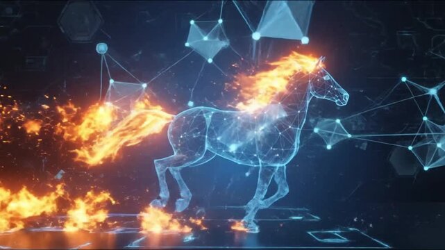 Digital horse running with fiery mane in futuristic abstract background  
