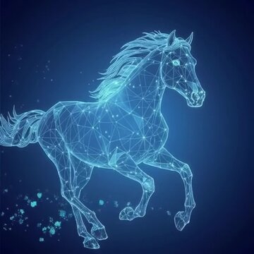 Digital horse running in polygonal wireframe style with blue glow  
