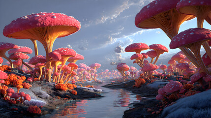 un mundo creado de fantasia con hongos gigantes coloridos alrededor de un rio encantador surrealista tenebroso 