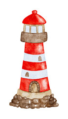 Watercolor hand painted red and white lighthouse isolated on white.