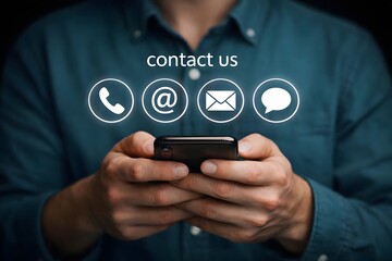 Businessman using smartphone with contact us icon or customer support hotline people connect for contact us concept.