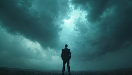 Fototapeta premium Man in suit stands against dark storm clouds. He looks toward bright light gap in sky. Symbolizes facing challenges, hope amidst crisis, leadership, and business uncertainty.