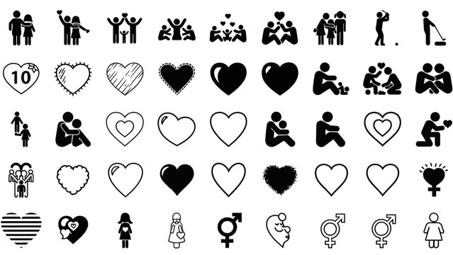 Extensive collection of minimalist black and white vector icons, representing human connection, love, family relationships, diverse symbols, and abstract concepts for graphic design projects