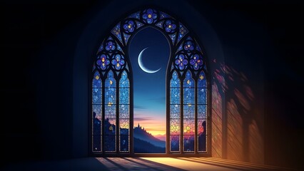 Moonlit archway to serene twilight landscape