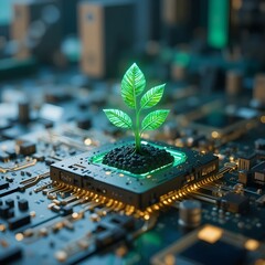 Sustainable technology concept with green plant growing on computer circuit board