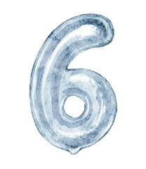 Watercolor hand painted artwork of number six isolated on white background.