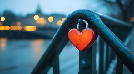 Red heart shaped lock on a bridge railing at dusk with city lights
