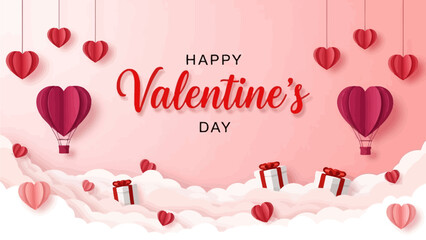 Charming paper-cut illustration celebrating love and romance, featuring whimsical heart balloons, falling gifts, and soft clouds on a pastel background