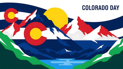 Fototapeta premium Vibrant Colorado Day illustration with mountains and state flag