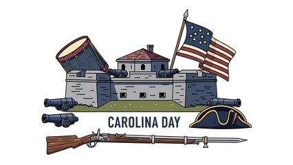 Historic Carolina Day celebration with colonial fort and American flag