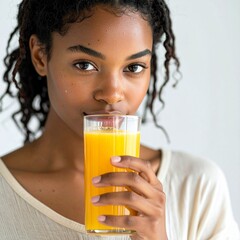 portrait of a young woman drinking orange juice