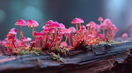 un paisaje de un tronco de un arbol con el crecimiento de hongos color rosa brillante iridicente y llamativo en la vida salvaje en medio de la naturaleza 