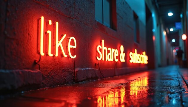 Neon sign prompts engagement on a wet city street at night. Like share subscribe glows red. People follow trends, connect online, seek viral content. - Powered by Adobe