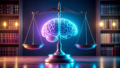 Digital brain on the scales of justice under blue neon light, conceptual art for AI regulation and legal technology