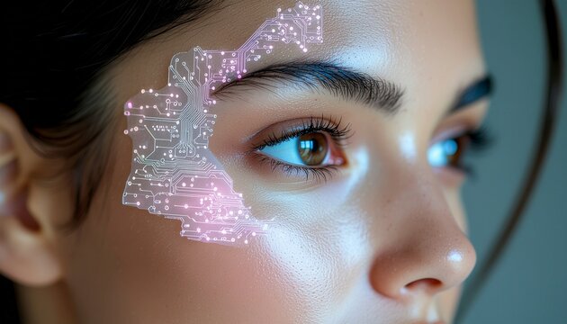 Close-up of a human eye with a pink digital HUD interface and neural network grid, futuristic biometric concept - Powered by Adobe
