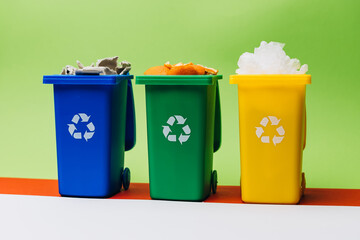 Colorful recycling bins arranged in a row on a vibrant background, showcasing waste separation for environmental sustainability and awareness