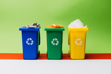Colorful recycling bins arranged in a row on a vibrant background, promoting environmental awareness and sustainable waste management practices