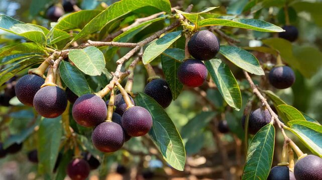 Plums on Tree Branch with Green Leaves in Orchard, Fresh Ripe Fruit Growing Naturally on Branches, Organic Agriculture Harvest, Healthy Seasonal Produce and Botanical Food Concept