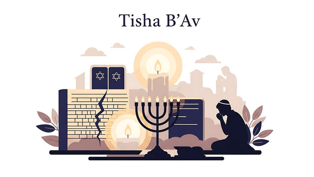 Tisha B'Av jewish holiday illustration with menorah and torah