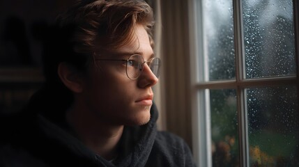 A thoughtful young man wearing glasses looks out a window on a rainy day