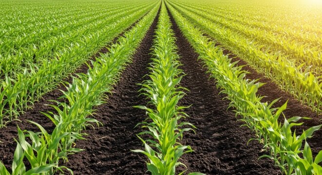 Perfectly Planted Corn Rows Stretch to the Horizon in Warm Sunlight