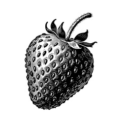 Intricate hand-drawn strawberry with stem and leaves, in engraving style, isolated on white background, concept of organic fruit sketch