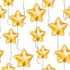 Watercolor pattern with golden star shaped birthday balloons, hand painted background.