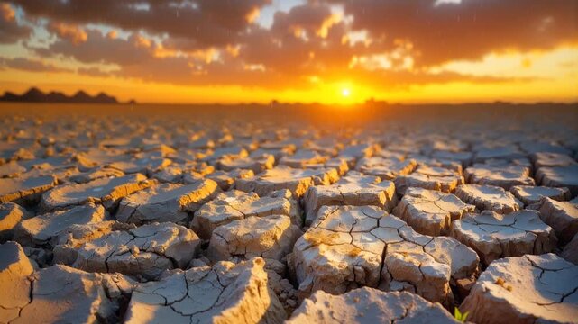Green grass sprouts through parched earth at sunset. New plant growth emerging from cracked soil in arid landscape.