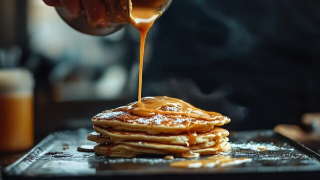 Stack of pancakes with syrup being poured on top indoors