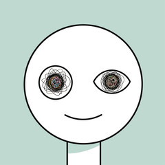 Playful cartoon character with colorful crazy eyes and happy smile