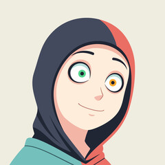 Cartoon woman with colorful hijab and expressive eyes smiles