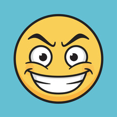Cartoon emoji with mischievous grin and raised eyebrows on blue background