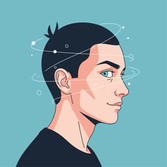 Young man with futuristic digital connections in his mind