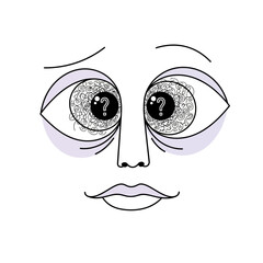 Stylized face with questioning eyes and puzzled expression