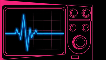 Neon blue ECG heartbeat on vintage monitor with pink controls