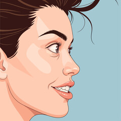 Smiling woman with brown hair and makeup on blue background