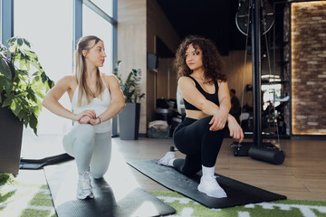 Two young athletic women doing stretching exercises and warming up together on yoga mats in a...
