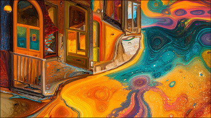 dise&ntilde;o de una casa surrealista colorida con dise&ntilde;o abstracto magico y artistico misterioso brillante y alternativo dise&ntilde;o de cuento de hadas 