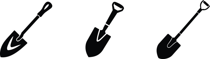 Set of minimalist shovel and spade silhouette icons for gardening farming and construction tools © Pritam