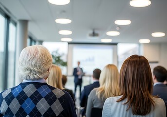 Attending a professional business seminar, diverse audience members listen to a blurred speaker presenting financial data on a projection screen, illustrating corporate learning and development