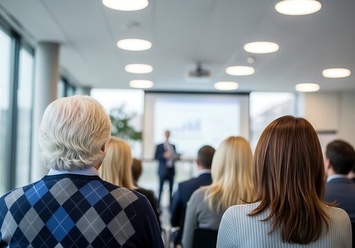 Attending a professional business seminar, diverse audience members listen to a blurred speaker presenting financial data on a projection screen, illustrating corporate learning and development - Powered by Adobe