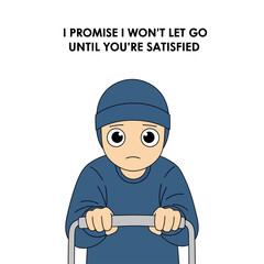 Cartoon man with walker looking concerned with promise of satisfaction