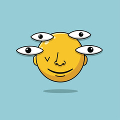 Cartoon smiley face with multiple eyes on blue background