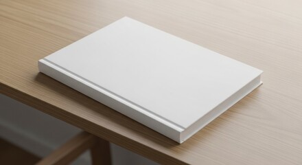 Fototapeta premium A blank white book lies on a light beige wooden surface, showcasing a simple, clean design.