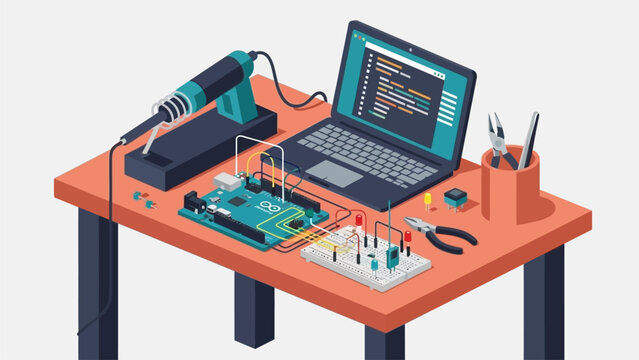 Electronics engineer workspace with laptop and circuit board on orange desk