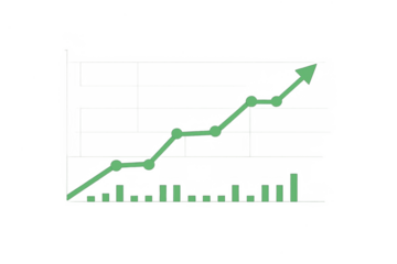 Green line chart showing growth with arrows and bar graph, illustrating financial success, market increase, and investment profit