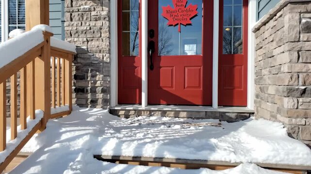 A snowcovered porch leads to a red door with a maple leaf sign Stone accents the houses facade with a wooden railing visible on the left
