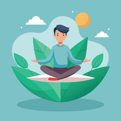 Mindfulness and Meditation Practice Concept with Character Sitting in Lotus Pose on Green Leaves for Mental Wellness and Balance