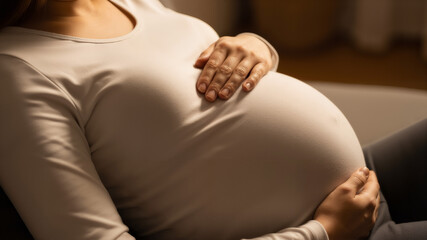 Pregnant woman gently touching her belly while relaxing indoors  